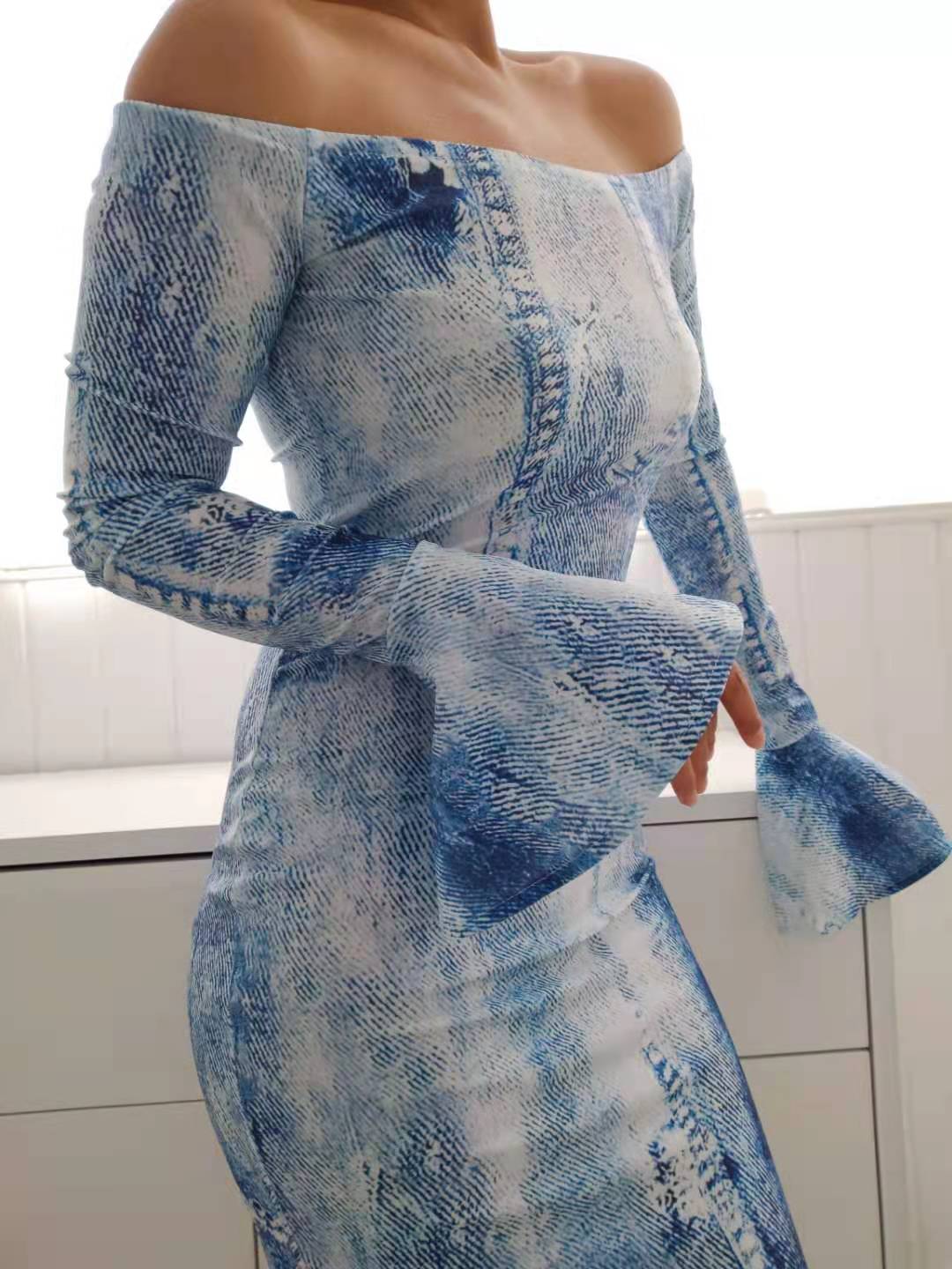 Spring/Summer Denim Look Print Off Shoulder Bodycon Dress