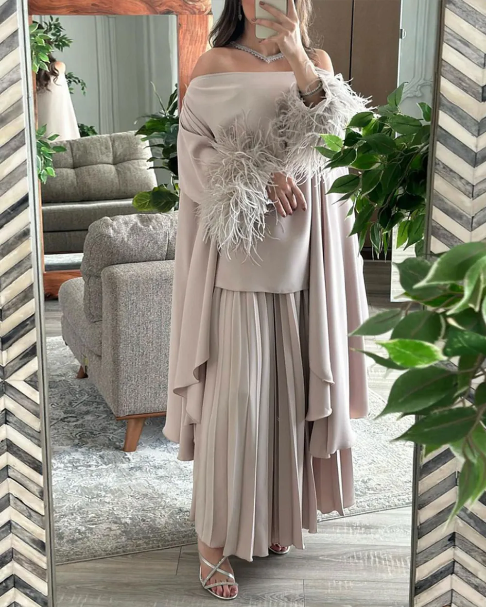 Off The Shoulder Feather Sleeve Shawl and Pleated Dress