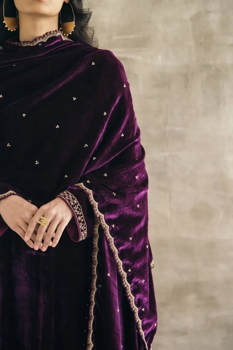 Plum Kalidaar Silk Velvet Kurta Set