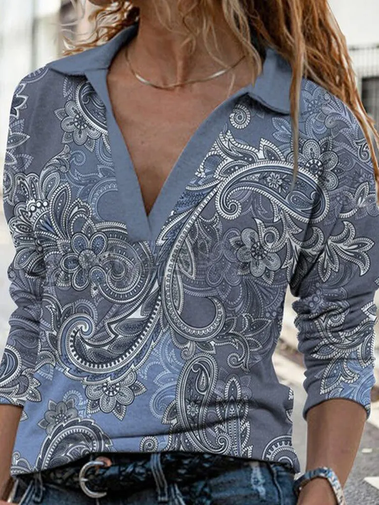 Vintage Print V-Neck Long Sleeve Polo Shirt