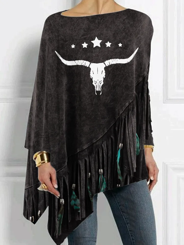 Western Feather Fringe & Bull Skull Art Bat Sleeve T Shirt