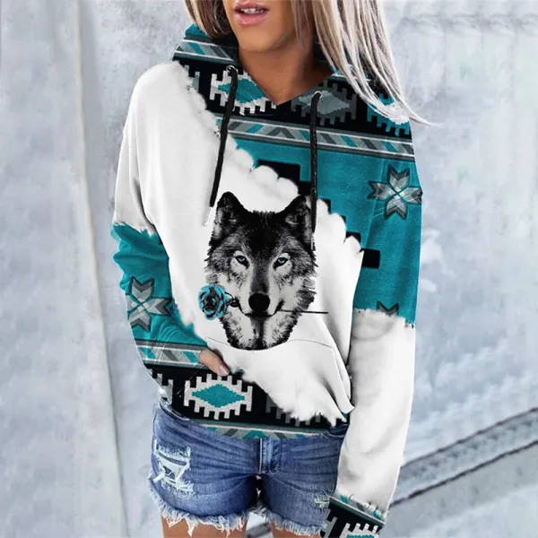 Wolf Graphic Western Aztec Print Hoodie