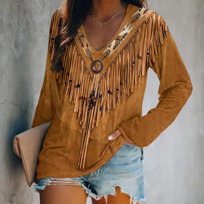 Western Tribal Leather Tassels V Neck T-Shirt