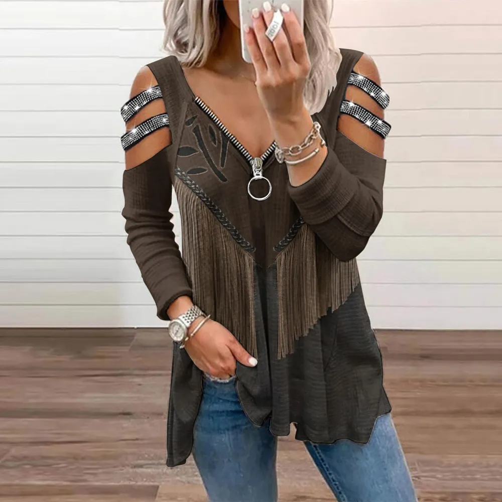 Women's Western Tassel Contrast Hollow T-Shirt