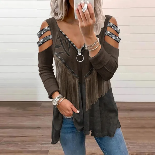 Women's Western Tassel Contrast Hollow T-Shirt