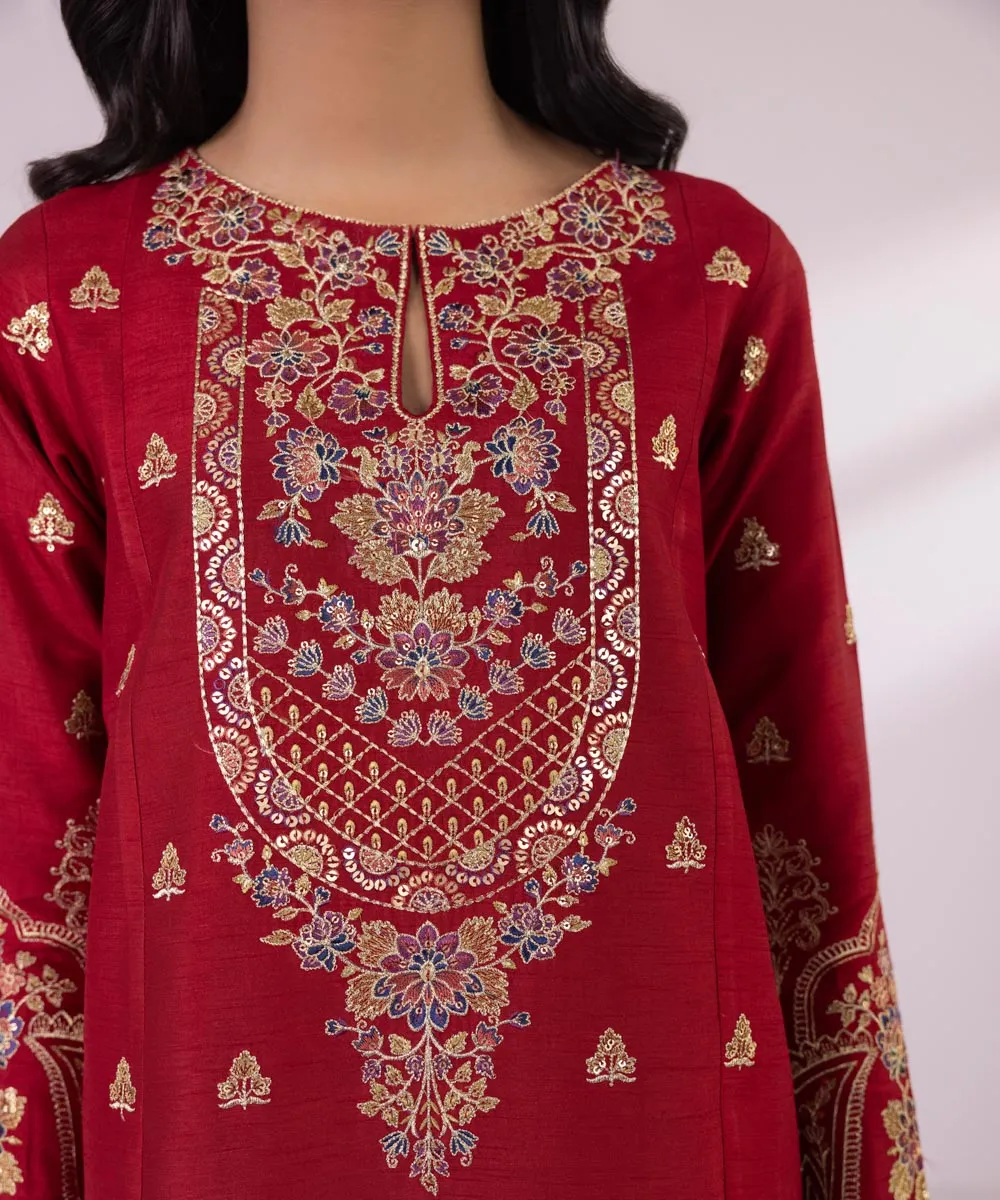 3 Piece - Embroidered Raw Silk Suit