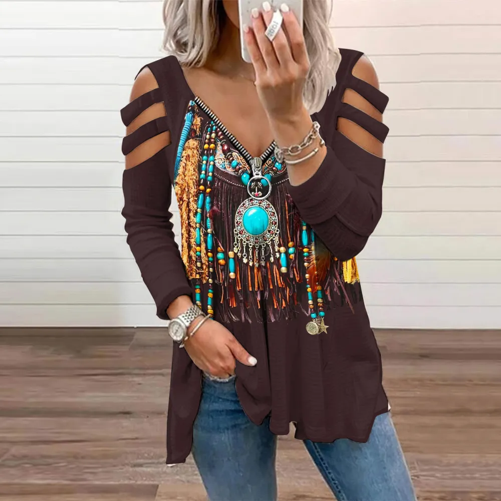 Western Tribal Tassels Printed Zip Up T-Shirt