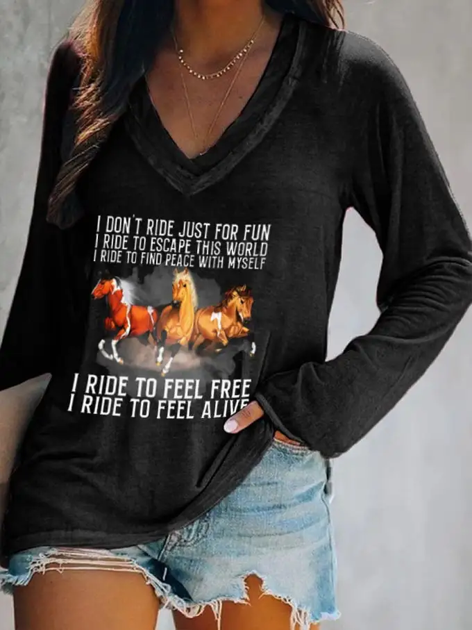 Women's Western Horse I Don't Ride For Fun I Ride To Escape Printed V-Neck Long Sleeve T-Shirt