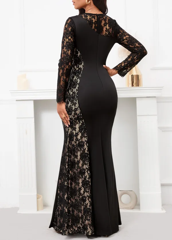 Patchwork Black Long Sleeve Round Neck Maxi Bodycon Dress