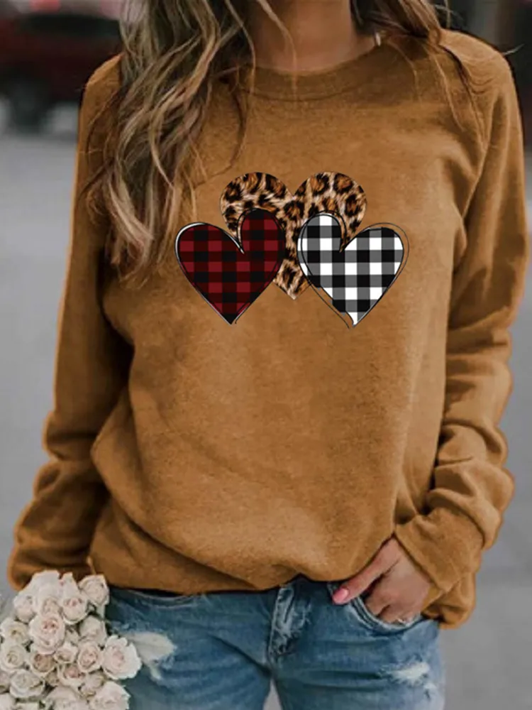 Casual Check Heart Print Sweatshirt