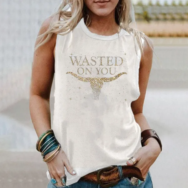 Wasted On You Up Down Print Round Neck Tank Top