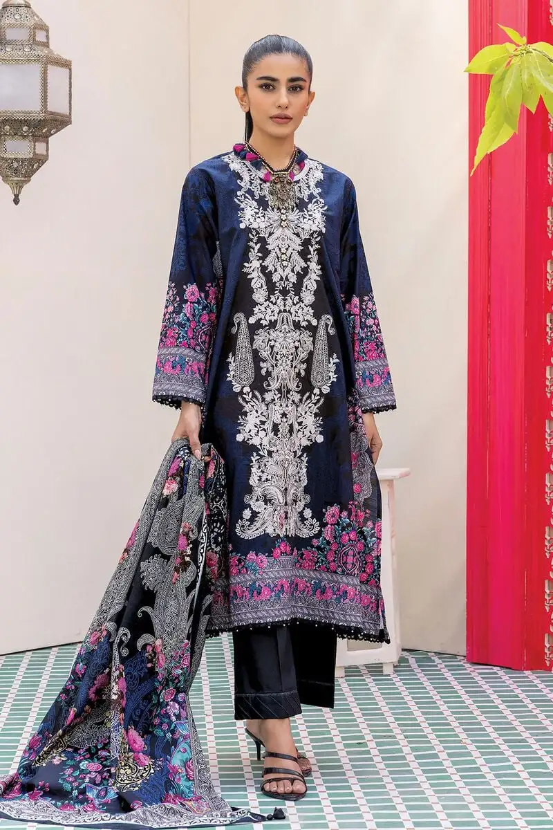 3 Piece Kurta Embroidered | Dupatta& Bottom & Tops | Color Navy blue and purple