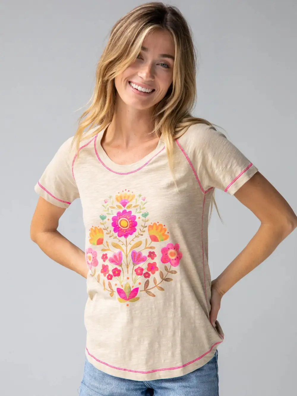 Boho Cotton Tee Shirt - Folk Flower