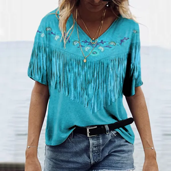 Western Fringe Print V-Neck T-Shirt