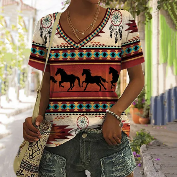 Western Print V-Neck Short Sleeve Casual T-Shirt