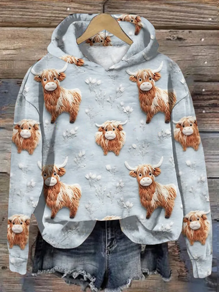 Highland Cow Print Casual Hoodie