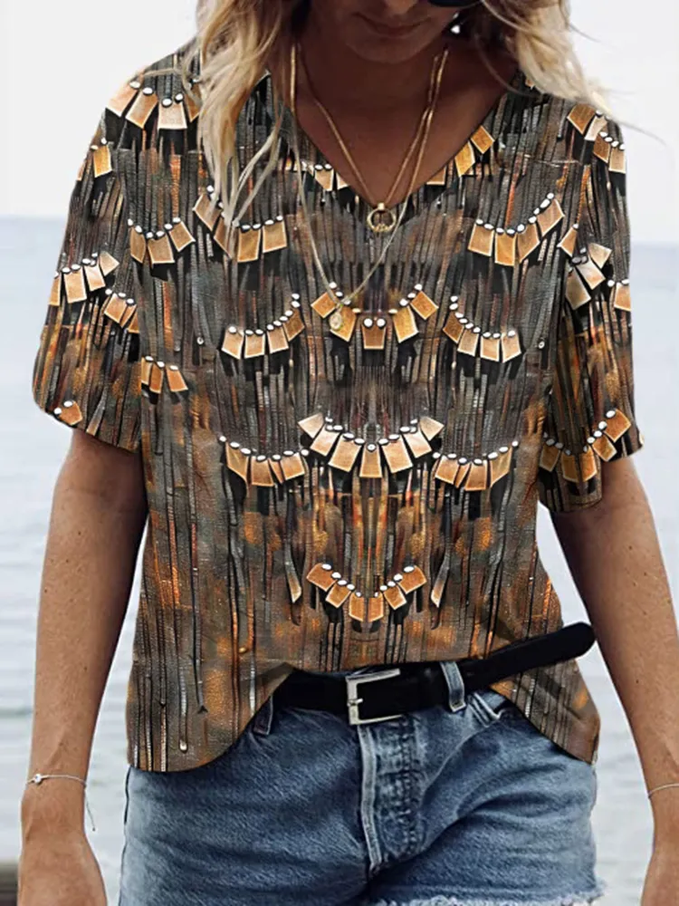 Western Fringe Print V-Neck Casual T-Shirt