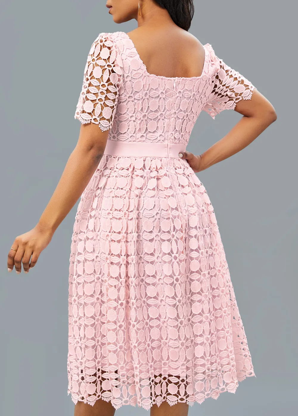 Patchwork Light Pink Short Sleeve Square Neck Dress