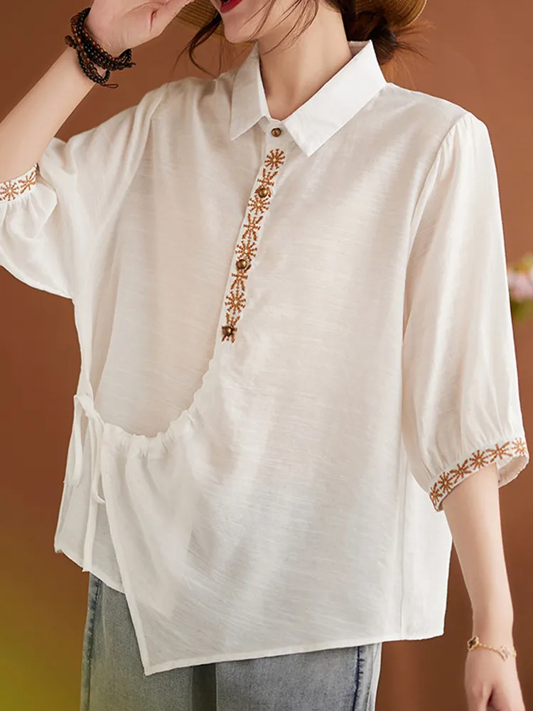 Women's Casual Retro Ethnic Style Embroidered Cotton Design Shirt