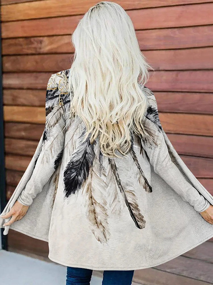 Western Feather Print Long Sleeve Cardigan