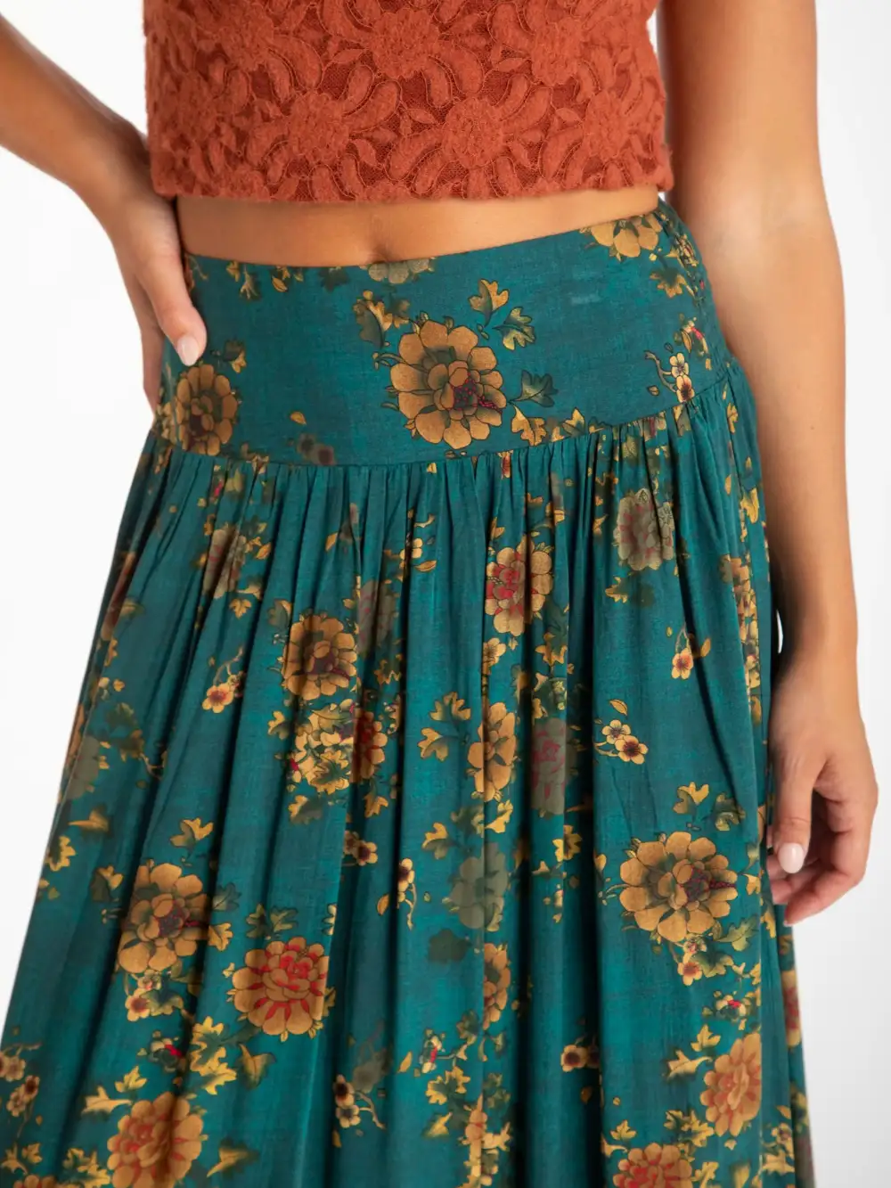 Addie Midi Skirt - Teal Orange Clusters