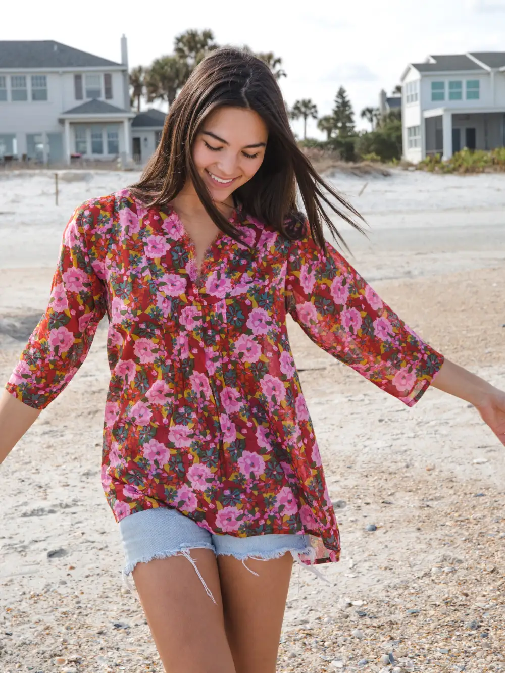 Cotton Tunic-In-A-Bag - Pink Red Floral