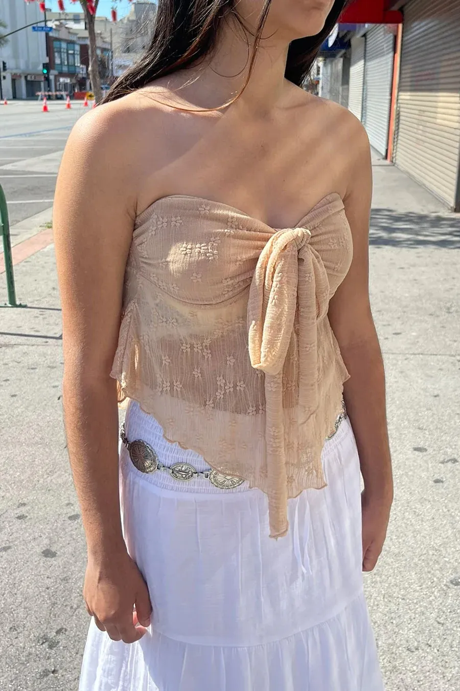 Textured Flowy Tube Top With Front-Twist Tie