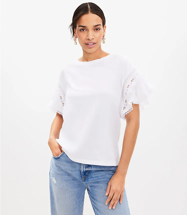 Lace Ruffle Sleeve Mixed Media Top