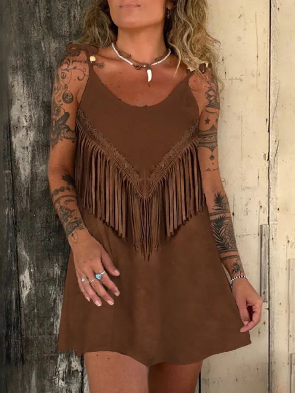 Vintage Western Fringe Art A Line Cami Mini Dress