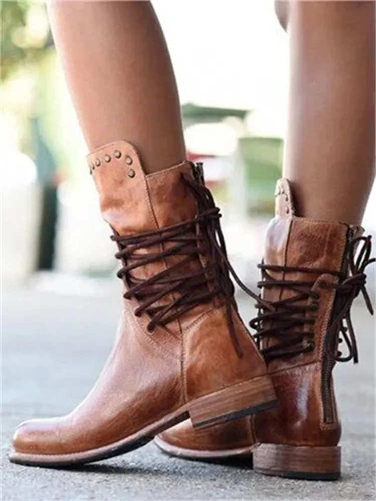 Vintage Washed Studded Laced Boots