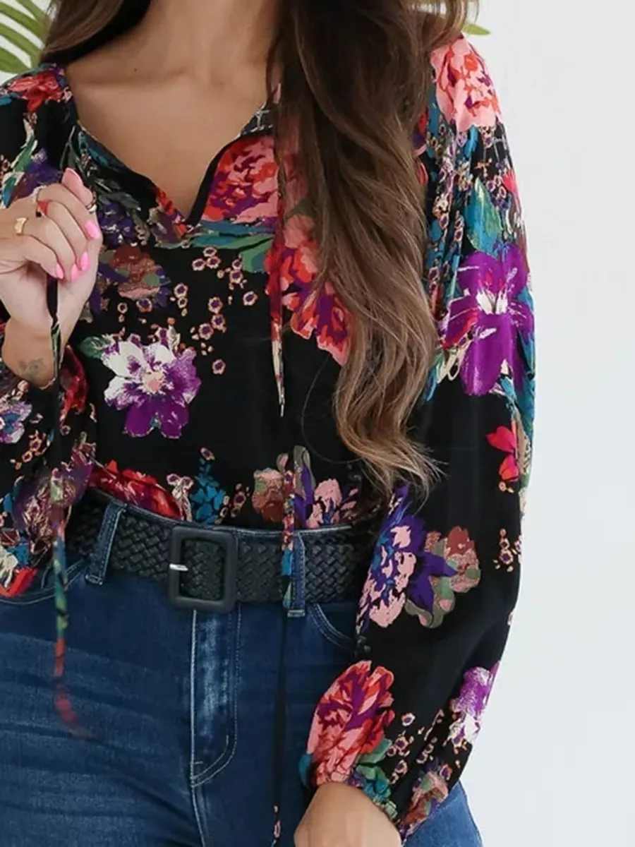 Black floral pattern bubble sleeve tie up top