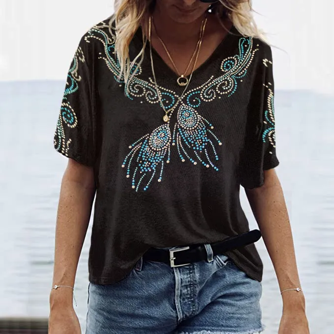 Vintage  Ethnic Style Feather Pattern Women'S T-Shirt