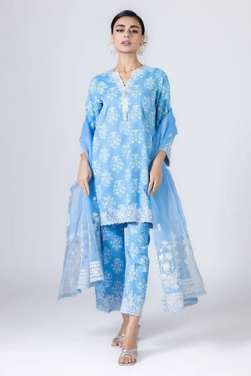 3 Piece Kurta Embroidered | Dupatta& Bottom & Tops | Color Blue