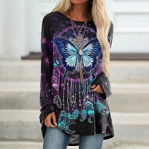 Western Butterfly Print Round Neck Long Sleeve Casual Tunic