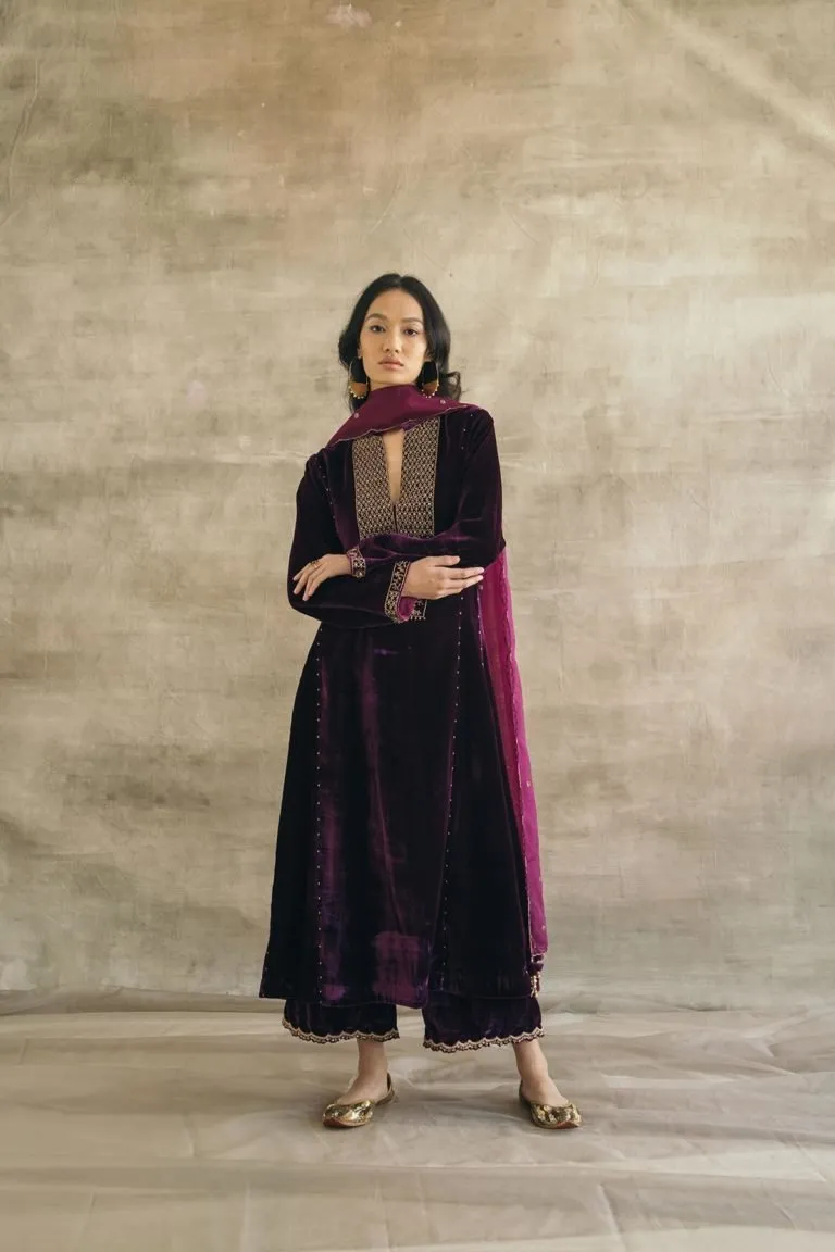 Plum Kalidaar Silk Velvet Kurta Set