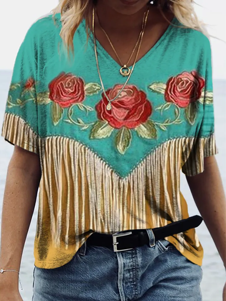 Western Fringed Rose V-Neck T-Shirt