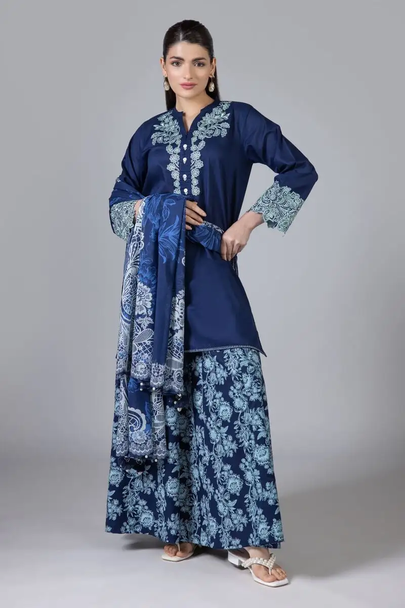 3 Piece Kurta Embroidered | Dupatta& Bottom & Tops | Color Navy blue