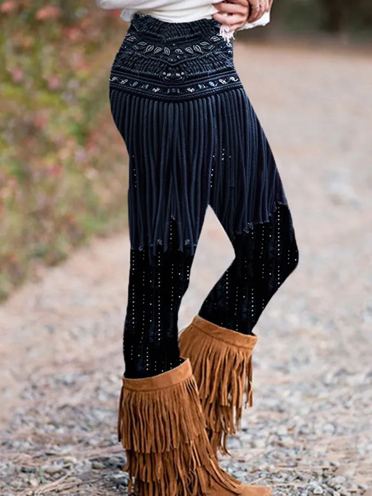 Women's Vintage Glitter Tassels Casual Leggings