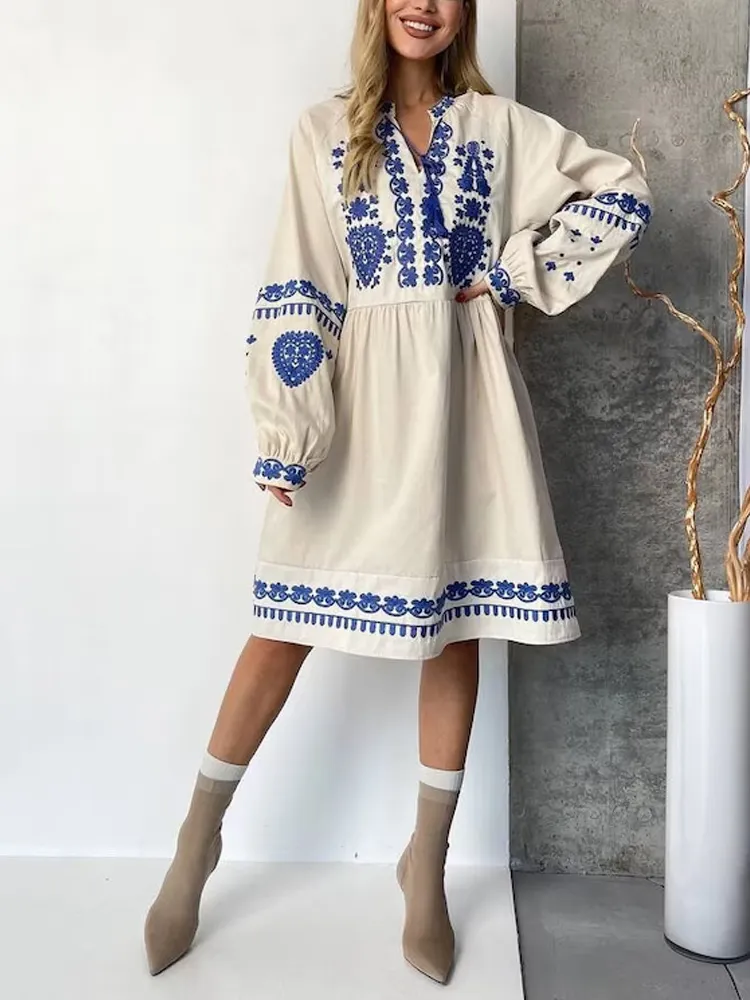 Women's Casual Retro Ethnic Embroidery Cotton Dress