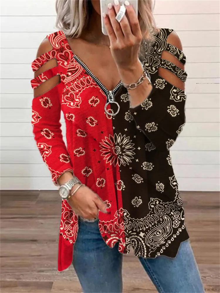 Western Ethnic Contrasting Hollow Shoulder T Shirt