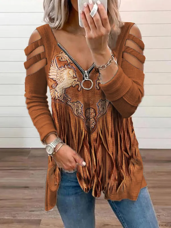 Horses Floral Carved Tassels Hollow Shoulder T Shirt