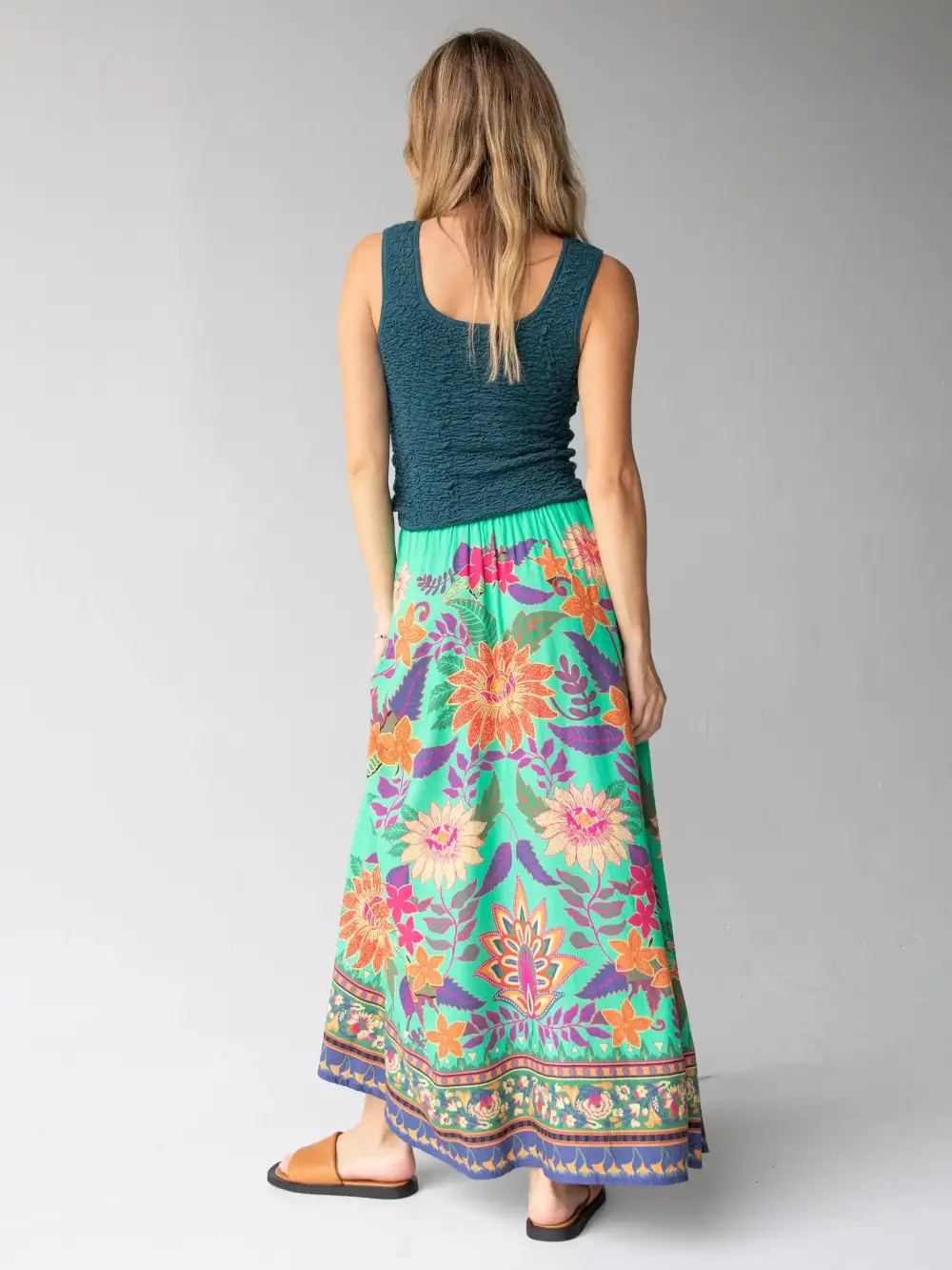 Milena Maxi Skirt - Green Bright Floral Border