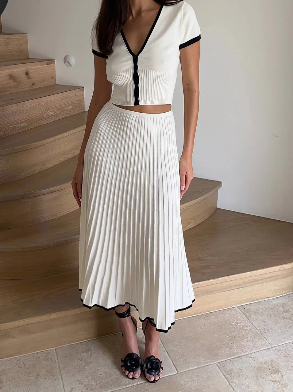 Minimalism Contrast Trim Sweater Skirt Set