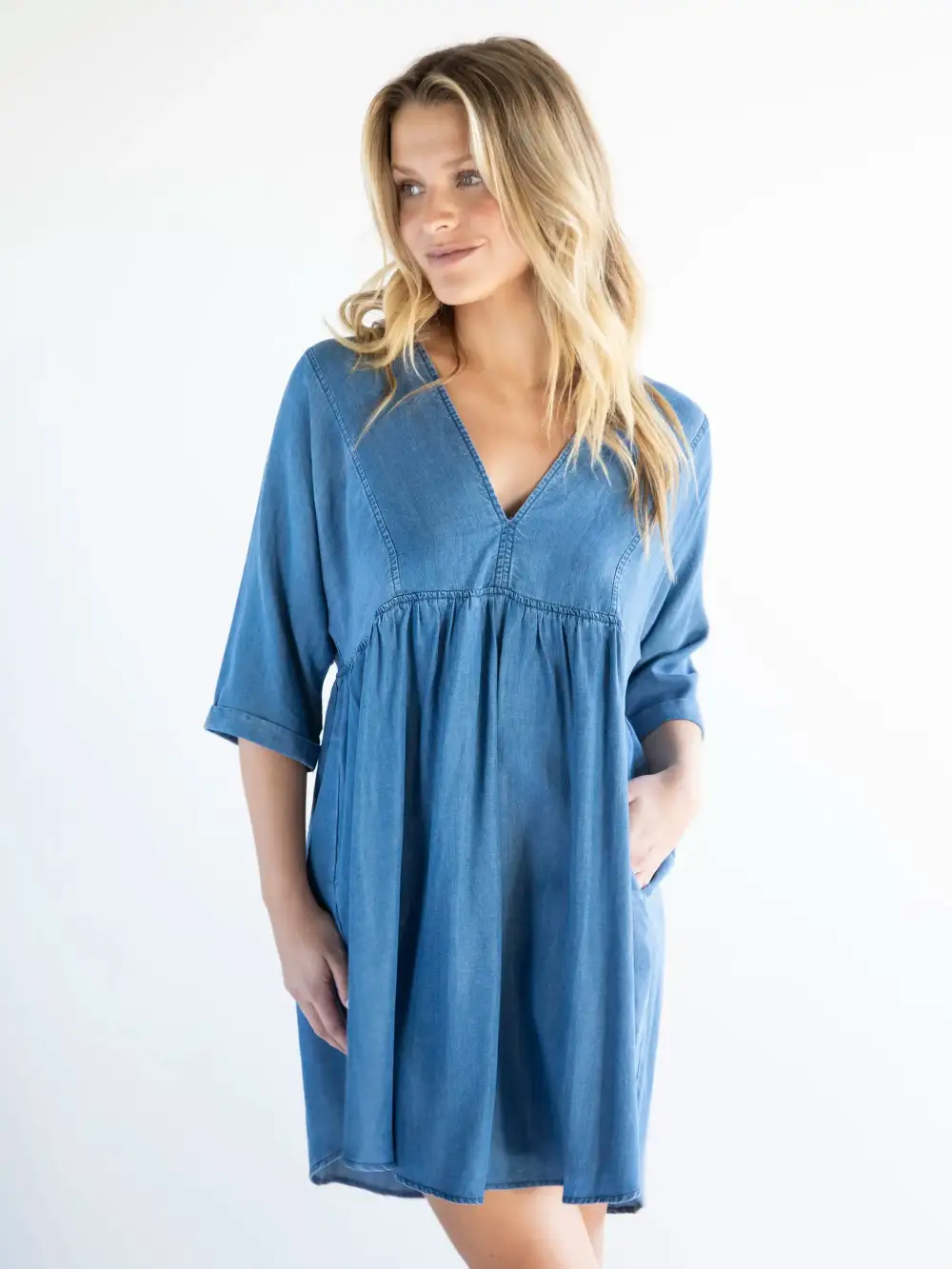 Stella V-Neck Mini Dress - Denim Blue