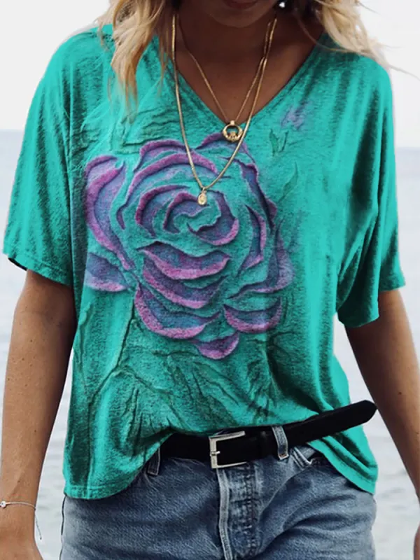 Rose Turquoise Fiber Art V Neck T Shirt