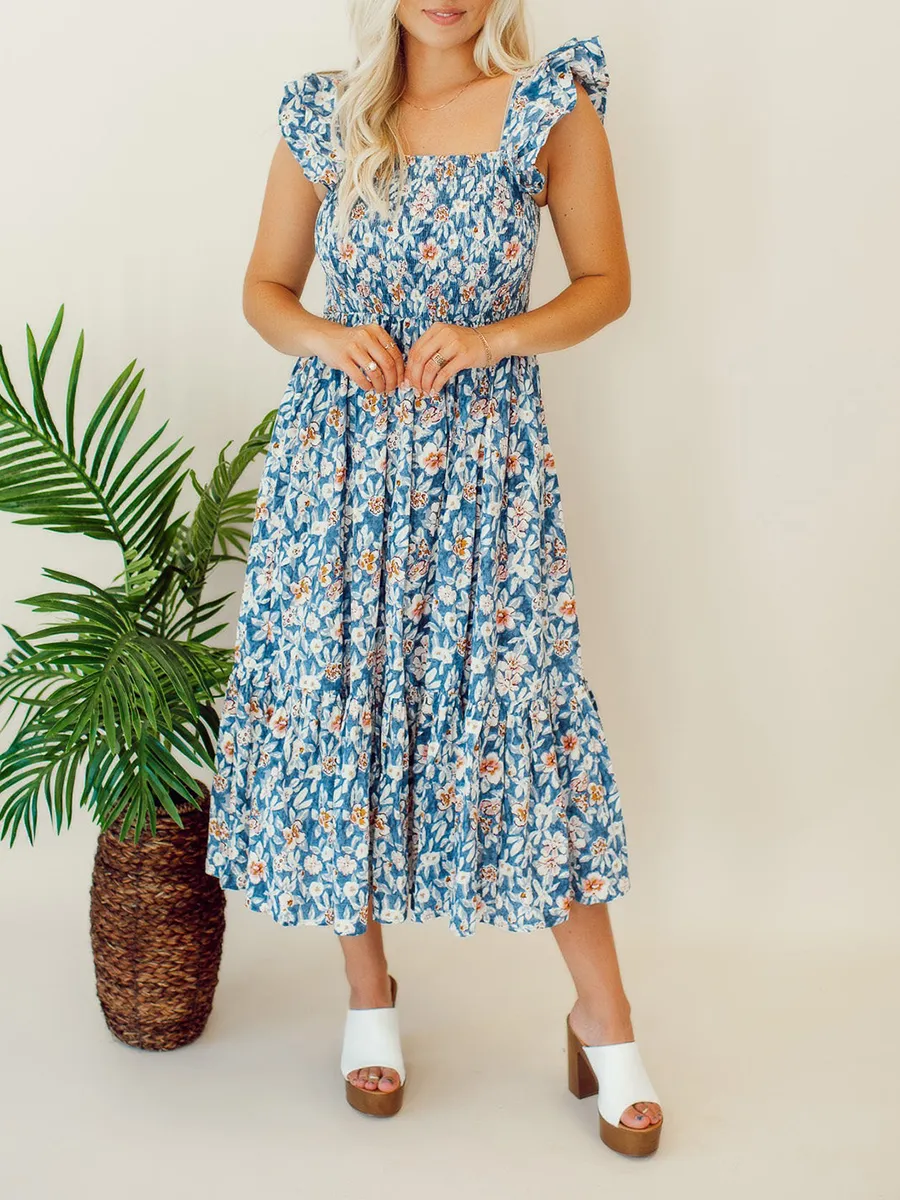 Floral pleated mid length dress