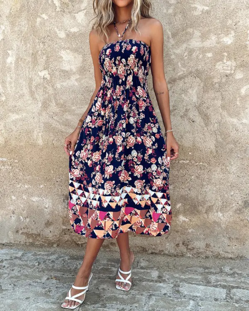 Floral Print Shirred Halter Dress