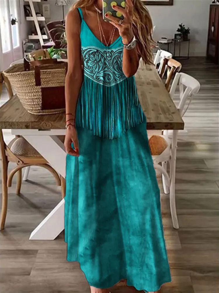 Western Floral Leather Tassels Cami Max Dress