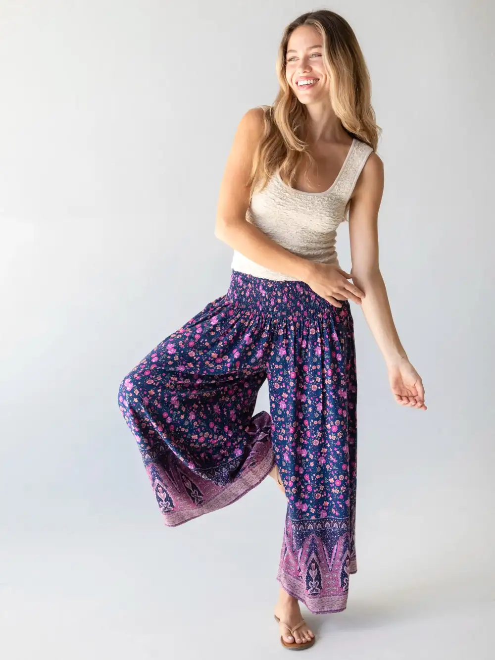 Make A Move Wide-Leg Palazzo Pant - Navy Pink Border