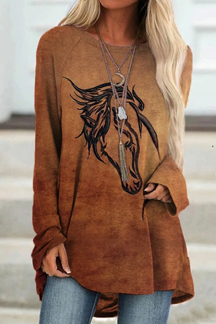 Western Animal Horse Printed Long Sleeve Tunic